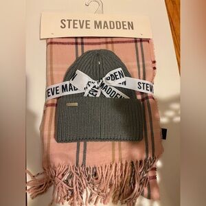 Steve Madden Gray Beanie and Pink Plaid Scarf Set